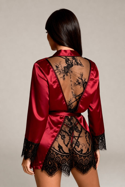 Maia Robe — Red Satin and Black Lace