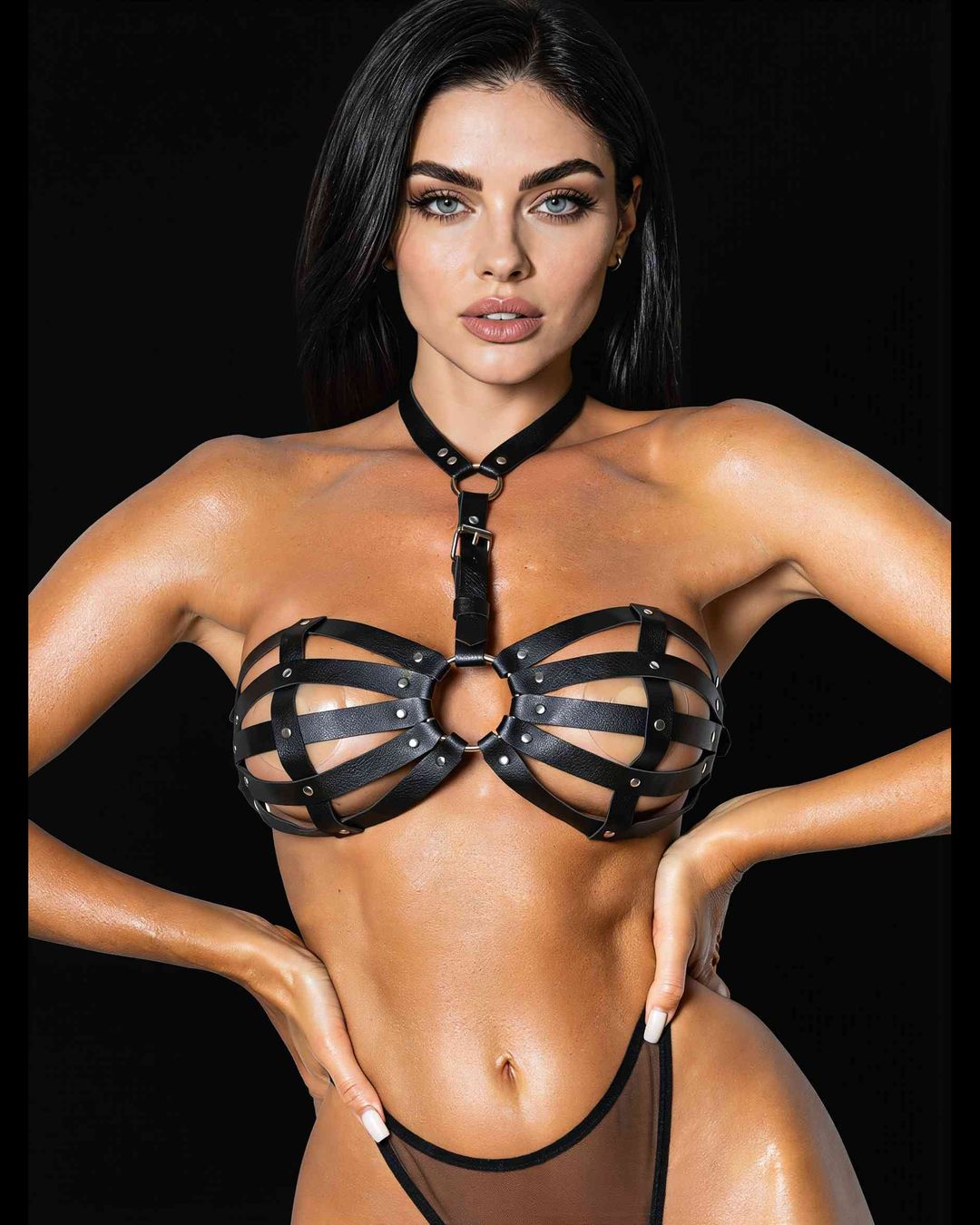 Serena cage harness in black faux leather with choker and centre O-ring, on a model facing the camera, black background Main image