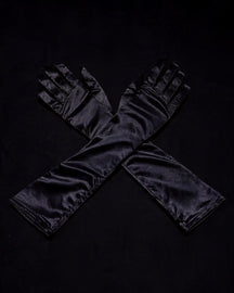Nikita long black satin opera gloves, black background