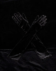 Brigitte long black velvet opera gloves, black background