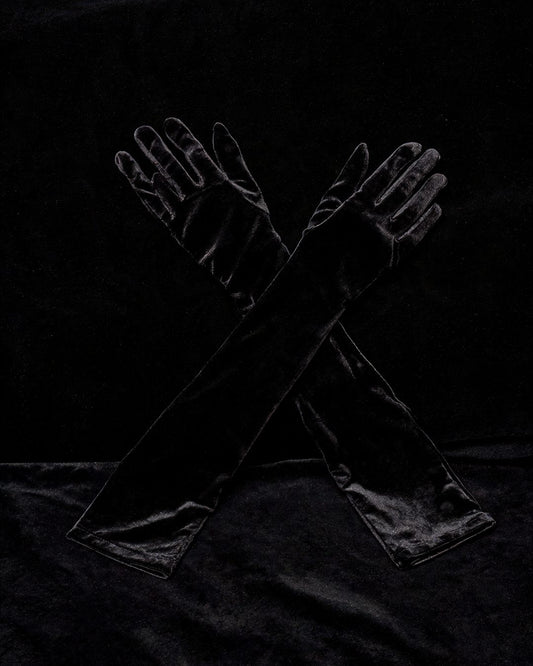 Brigitte long black velvet opera gloves, black background