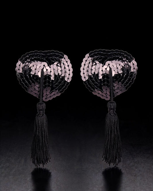 Natasha black sequin heart nipple covers with tassels, black background