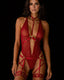 Ariana Bodysuit — sheer red mesh with gold O-rings
