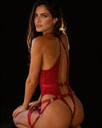 Ariana Bodysuit — sheer red mesh with gold O-rings