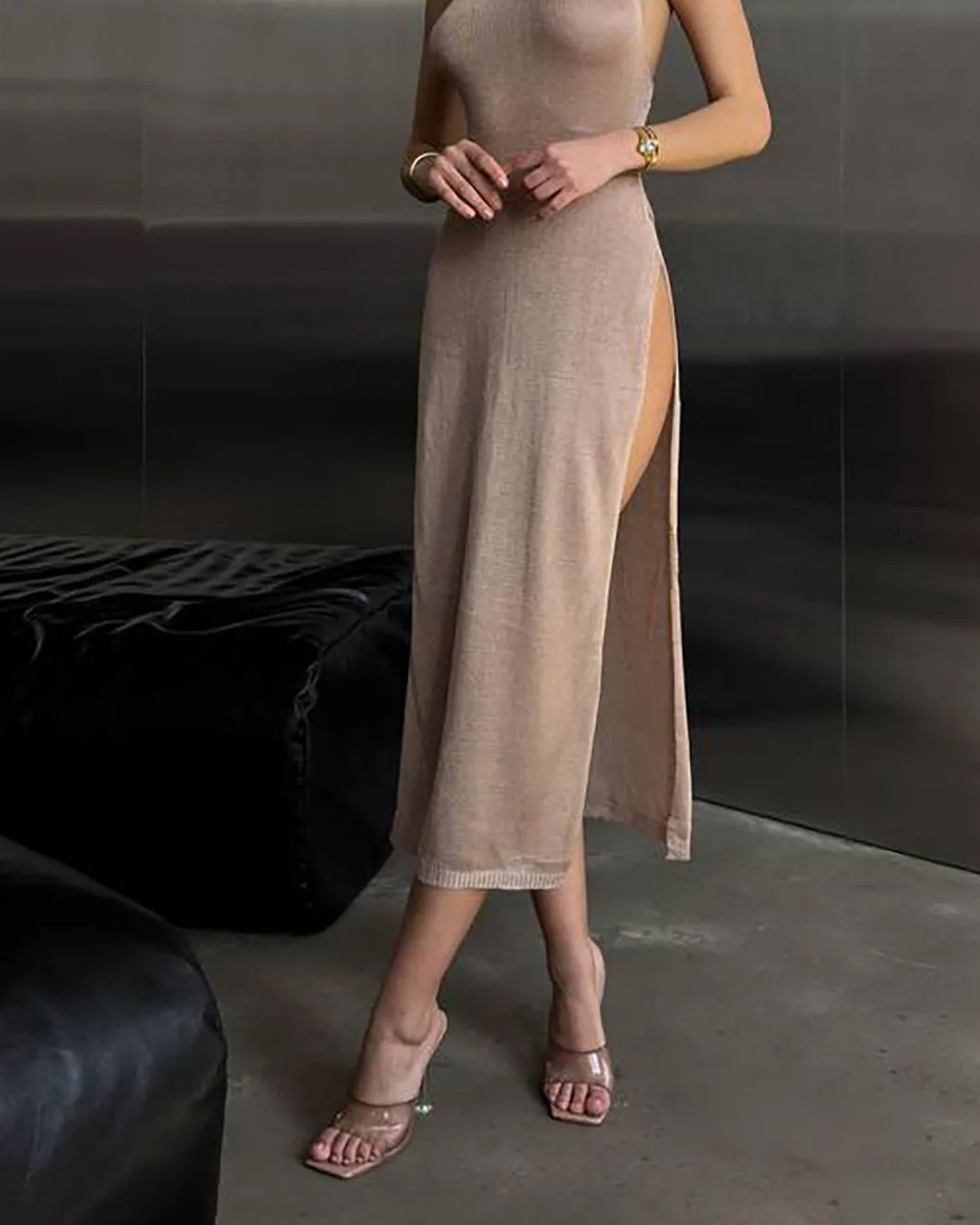 Goldie Beach Dress — Beige Halter with Open Back