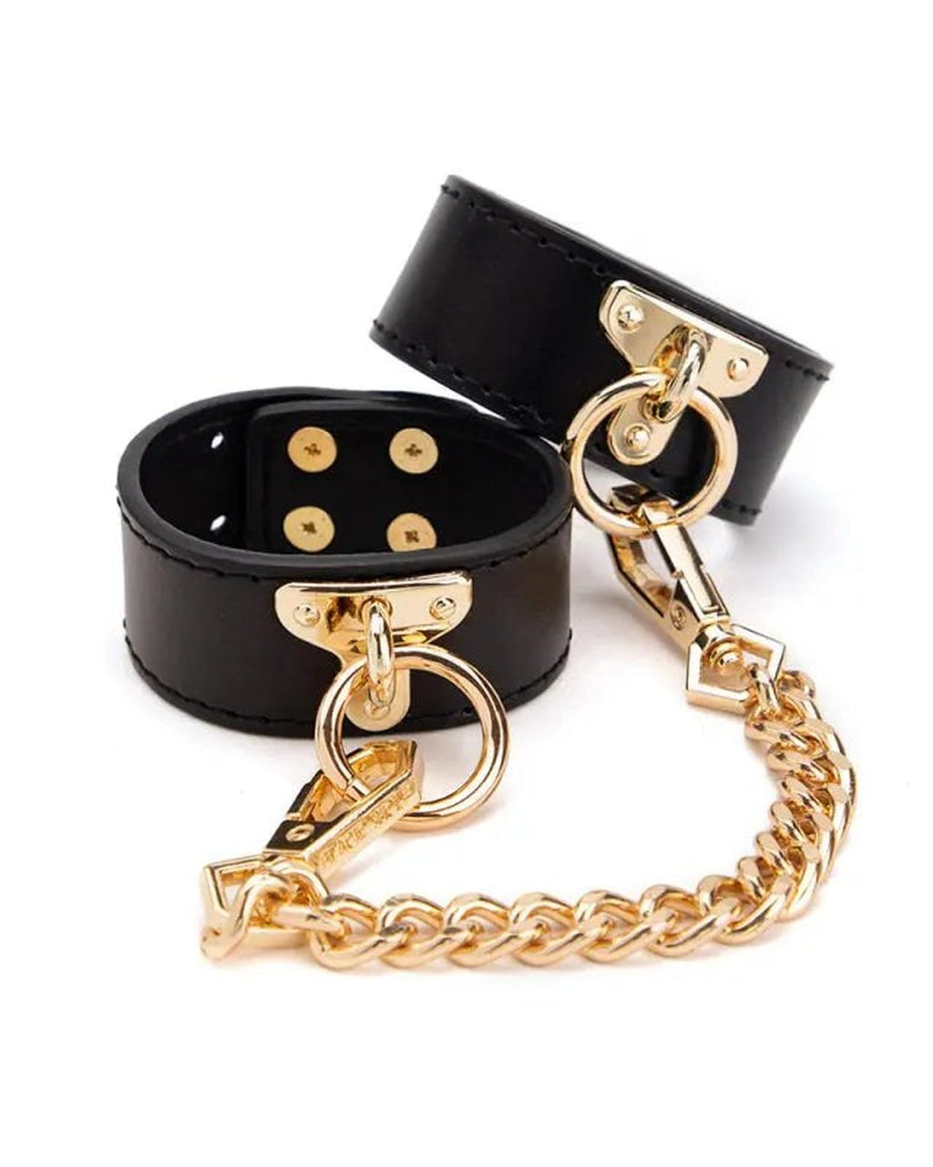 Athena Wrist Cuffs — Black Vegan Leather, Gold Chain