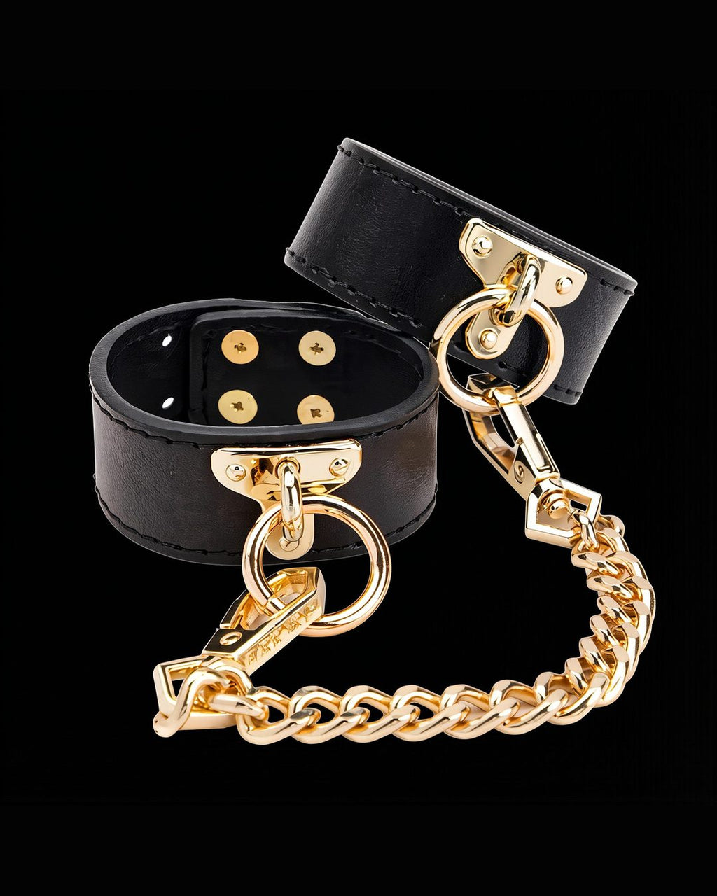 Athena Wrist Cuffs — Black Vegan Leather, Gold Chain