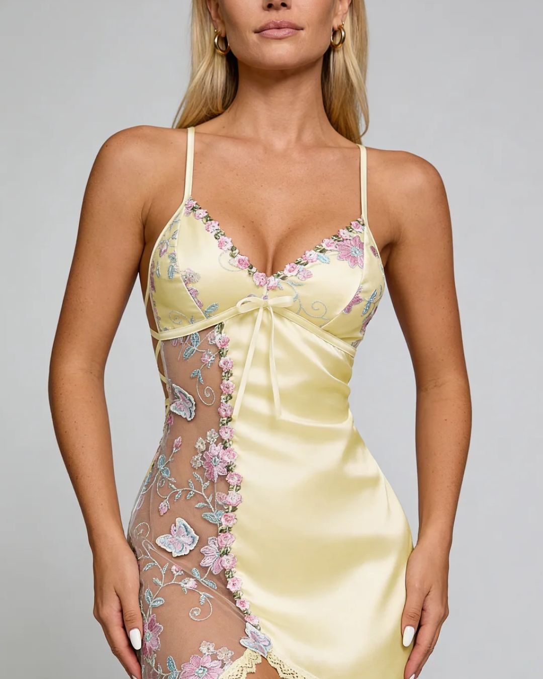 Irene Chemise — Floral Embroidery & Sheer Tulle Panel