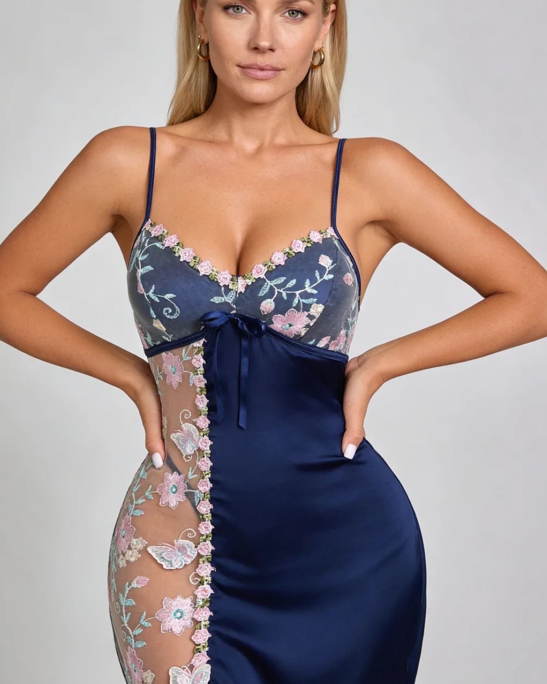 Irene Chemise — Floral Embroidery & Sheer Tulle Panel
