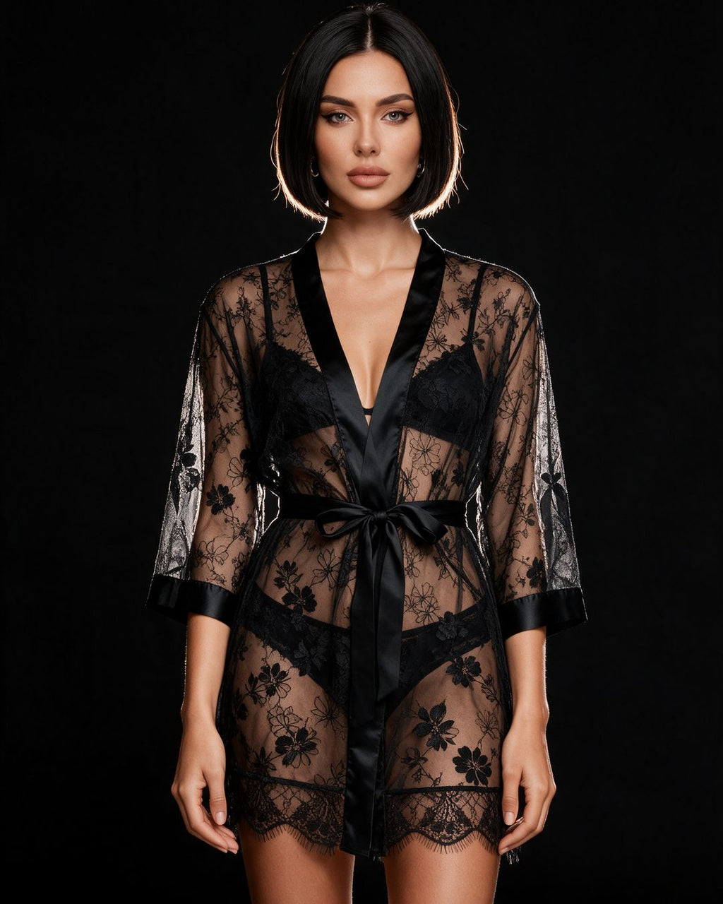 Asteria Lace Kimono Robe — Satin Trim & Tie Belt