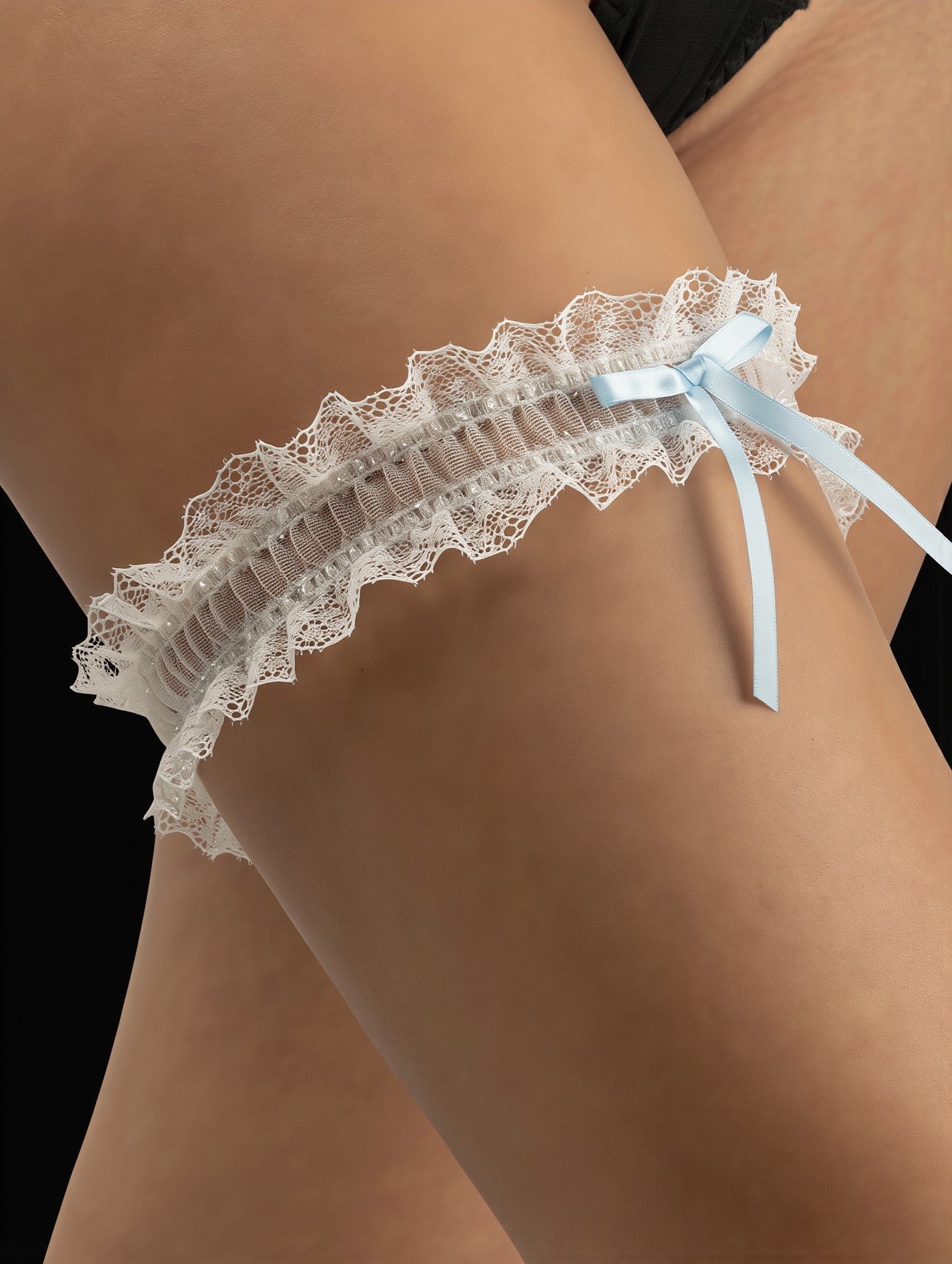 Aurore Garter — blue satin bow, scalloped lace