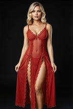 Fiammetta Nightgown — Sheer Red Mesh & Lace Slits