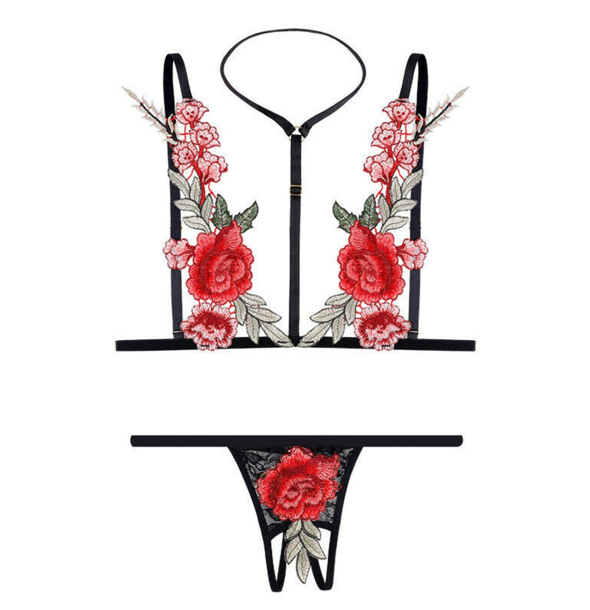 Scarlett Harness Set — Embroidered Roses & Gold Ring