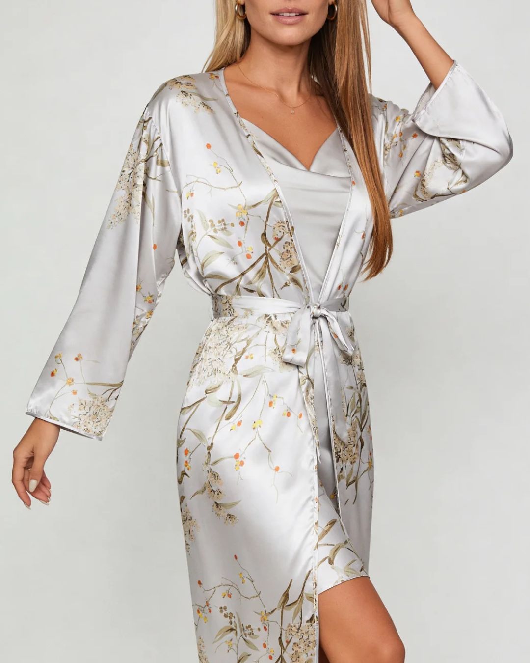 Gaia Set — Satin-Finish Slip and Robe with Branch Print