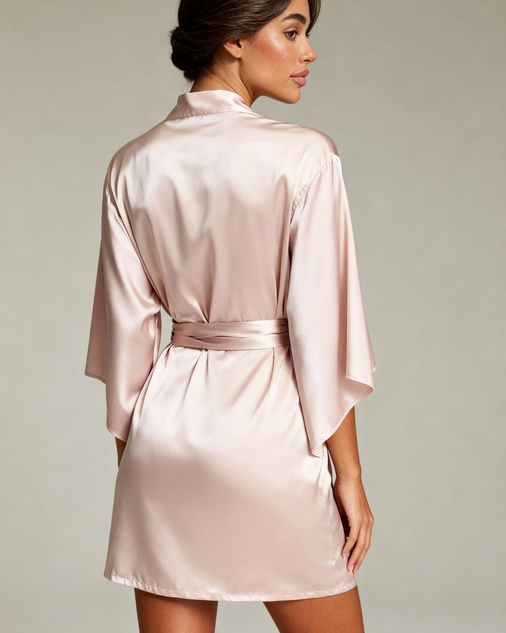 Harmonia Kimono Robe — Blush Satin, Wide Sleeves