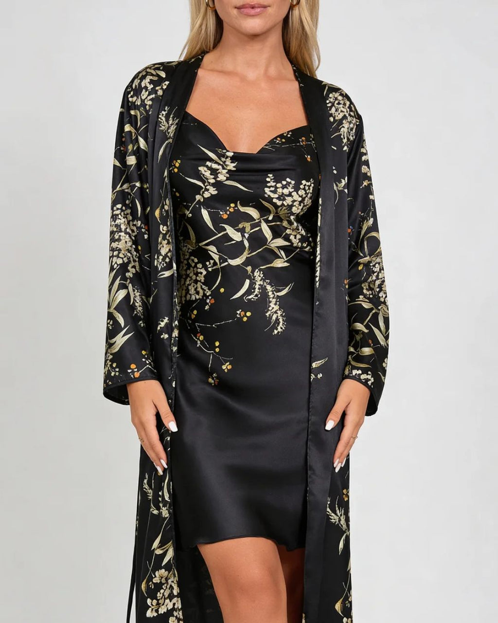 Gaia Set — Satin-Finish Slip and Robe with Branch Print