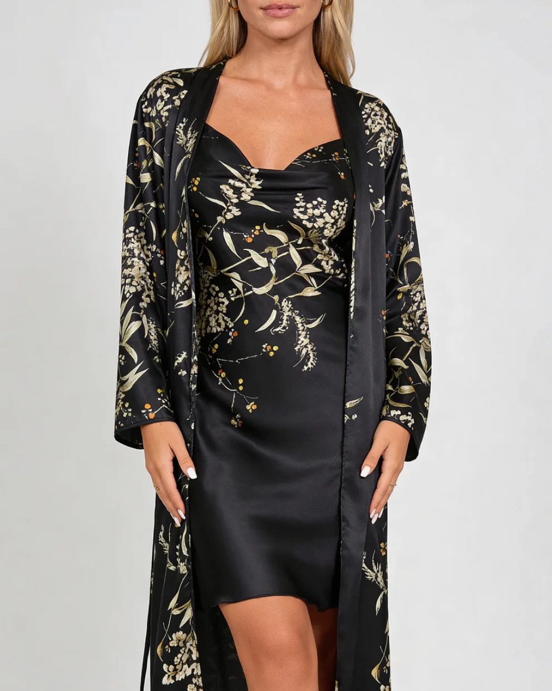 Gaia Set — Satin-Finish Slip and Robe with Branch Print