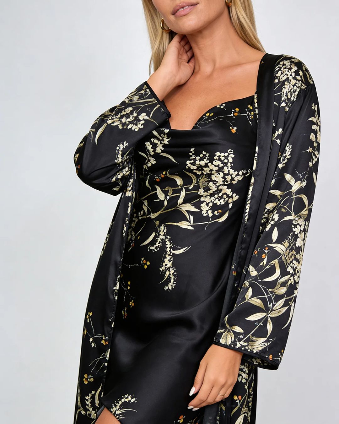 Gaia Set — Satin-Finish Slip and Robe with Branch Print