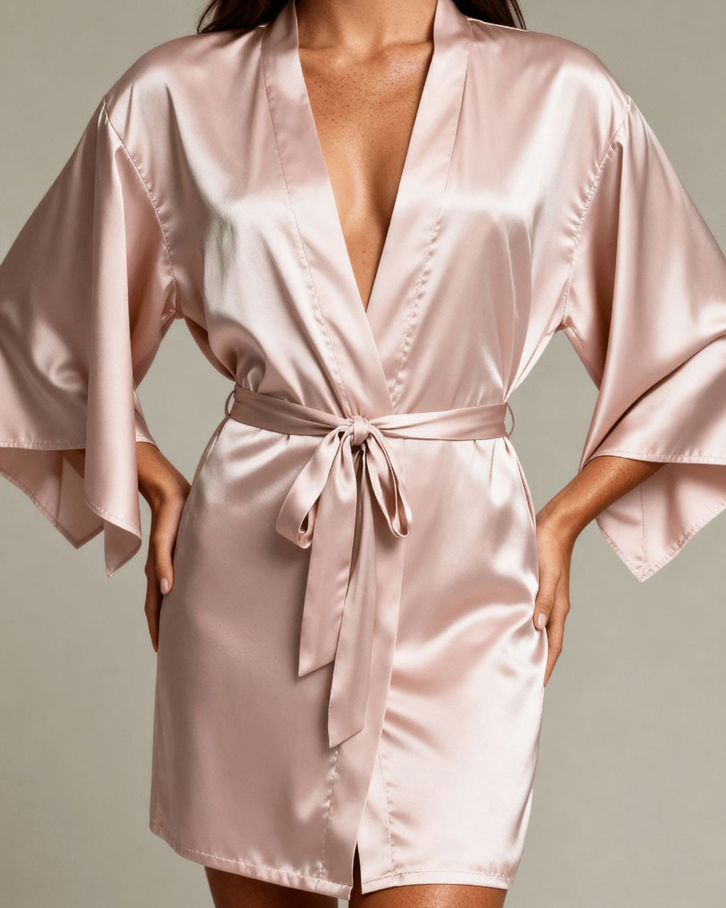 Harmonia Kimono Robe — Blush Satin, Wide Sleeves