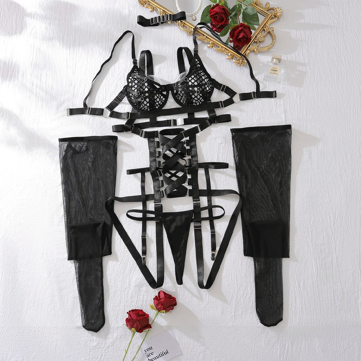 Irresistible Allure: Empowering Fishnet Lingerie Set - Todanua Internacional