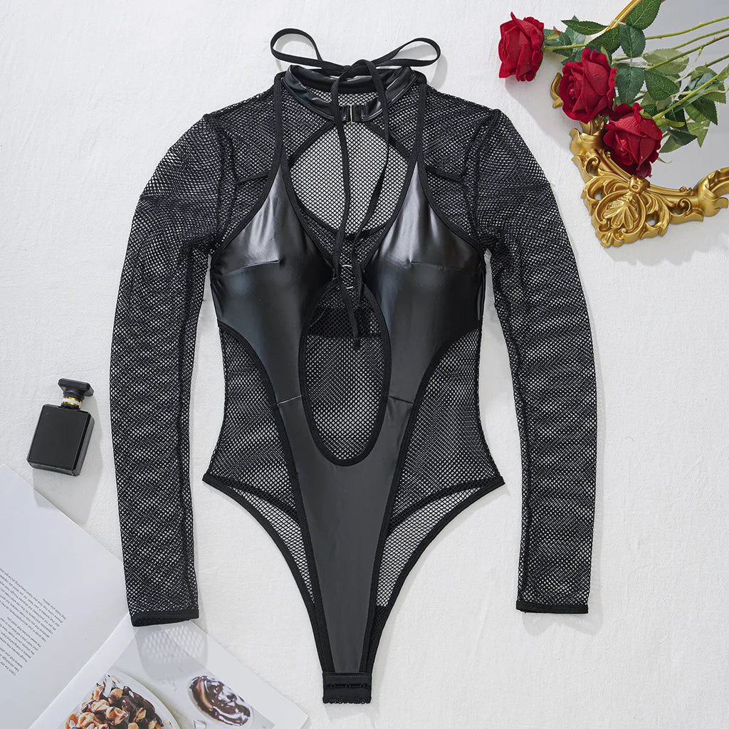 Unleash Your Inner Goddess: Sensual Mesh & PU Bodysuit - Todanua Internacional